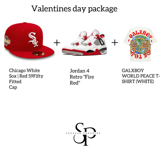 Chicago White Sox | Red 59Fifty Fitted
Cap + Jordan 4 Retro "Fire
Red" + GALXBOY WORLD PEACE T-SHIRT (WHITE)